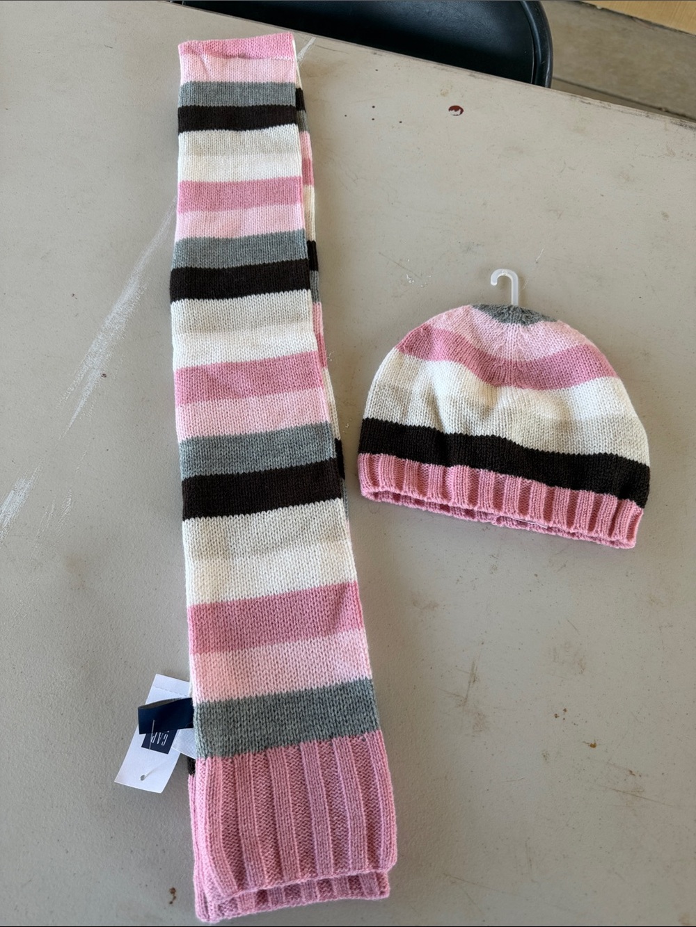 NWT GAPKIDS Pink White Gray Black Striped Knit Hat & Scarf Set